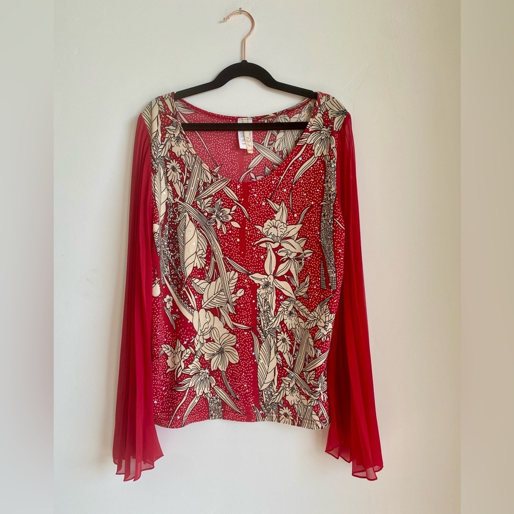 123 USA Floral Blouse with Sparkle Accents and Sheer Pleated Bell Sleeves